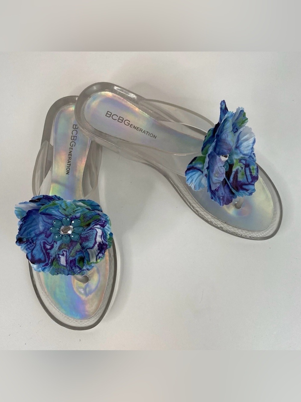 BCBGeneration Clear Jelly Thong Sandals with Blue Floral Appliqué - Size 8